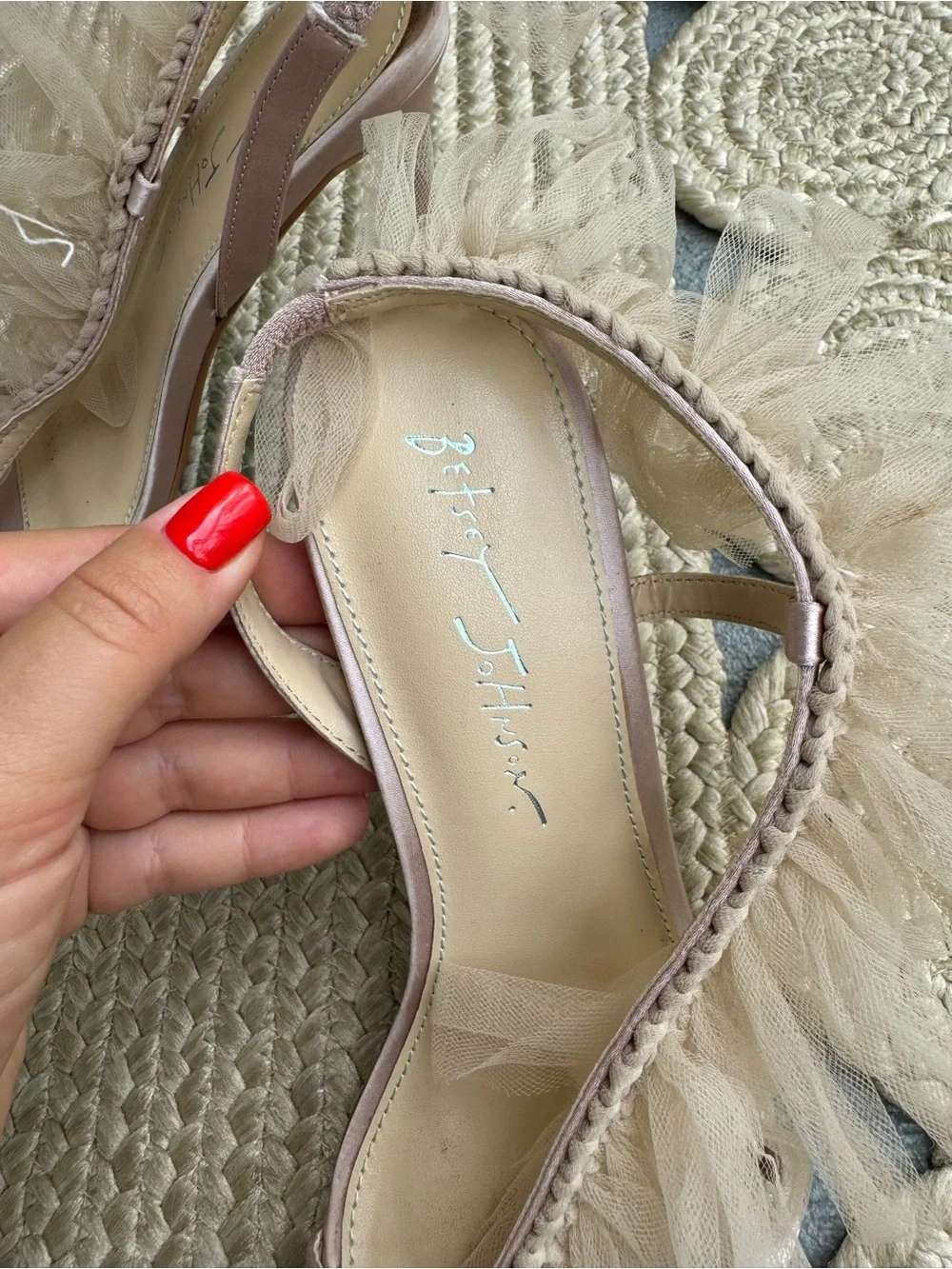 Betsey Johnson Devon Tulle Ruffle Pink Satin Heels Sandals Size 7.5